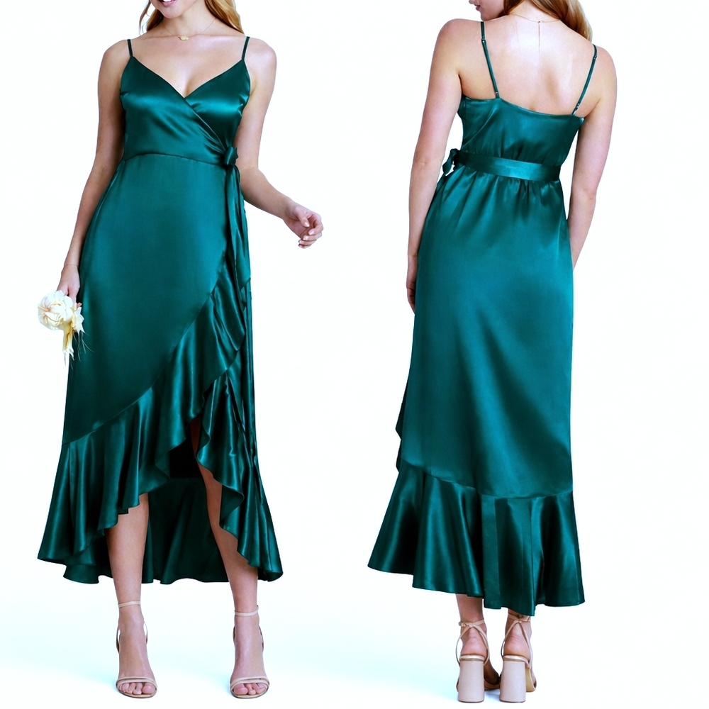 Birdy Grey Criscross High-low Flounce Ruffle Midi Dress Sz Med Emerald Green